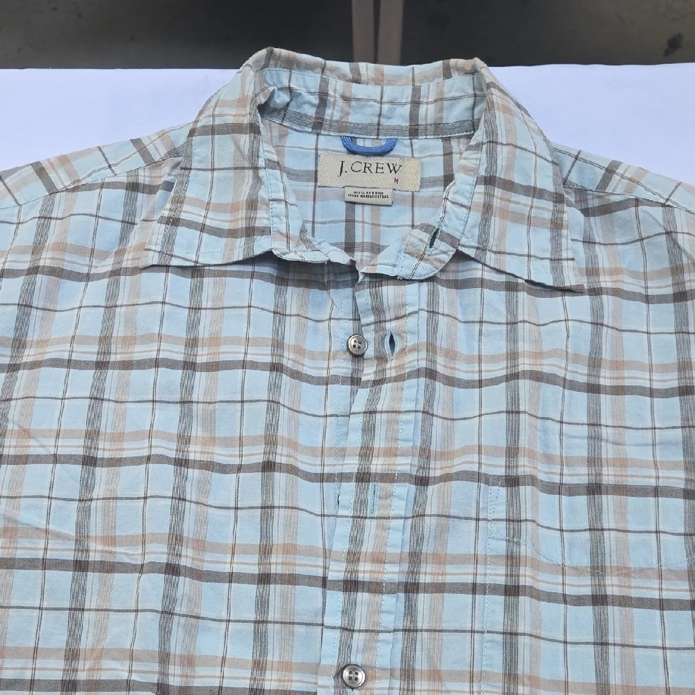 J. Crew Men's Light Blue and Brown Plaid Shirt
